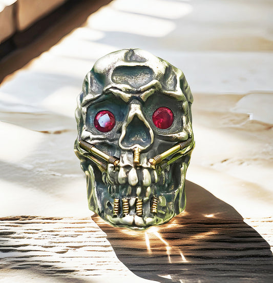 Dental Ruby Eyes Skull Silver Ring  (Item No. R0088-1)