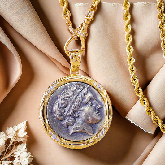 Macedonia Apollo With Horses Ancient Greek Coin Medallion 18K Gold Pendant (Item No. COIN025）