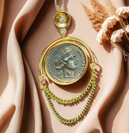 Fortuna Goddess Ancient Greek Coin Medallion 18K Gold Pendant (Item No. COIN092）