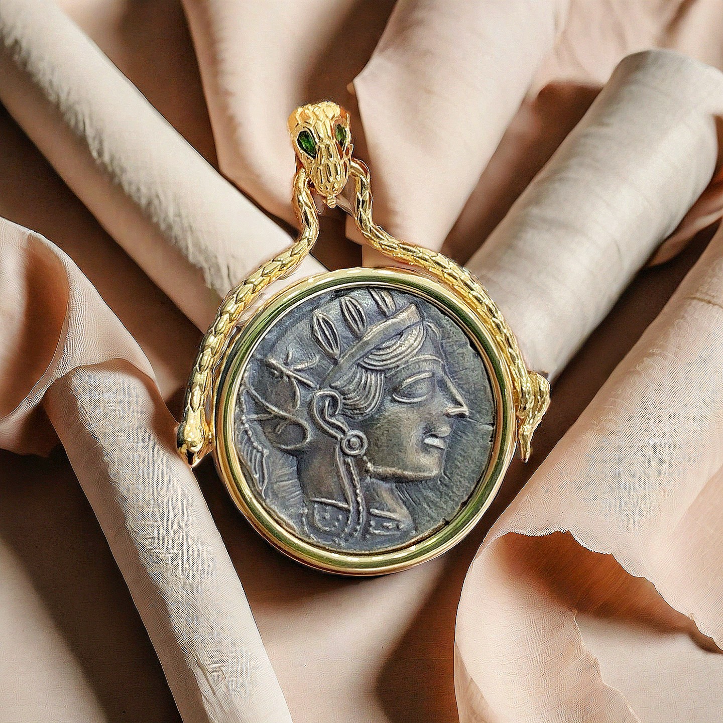 Athena Owl Ancient Greek Coin Medallion 18k Gold Pendant (Item No. COIN003）