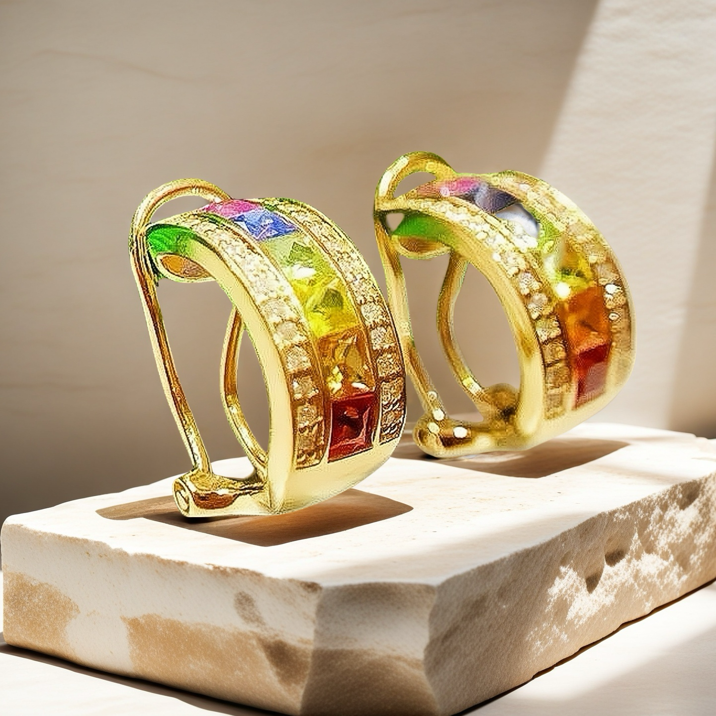 Rainbow 18k Gold Diamond Sapphire Earring (Item No. VT066）