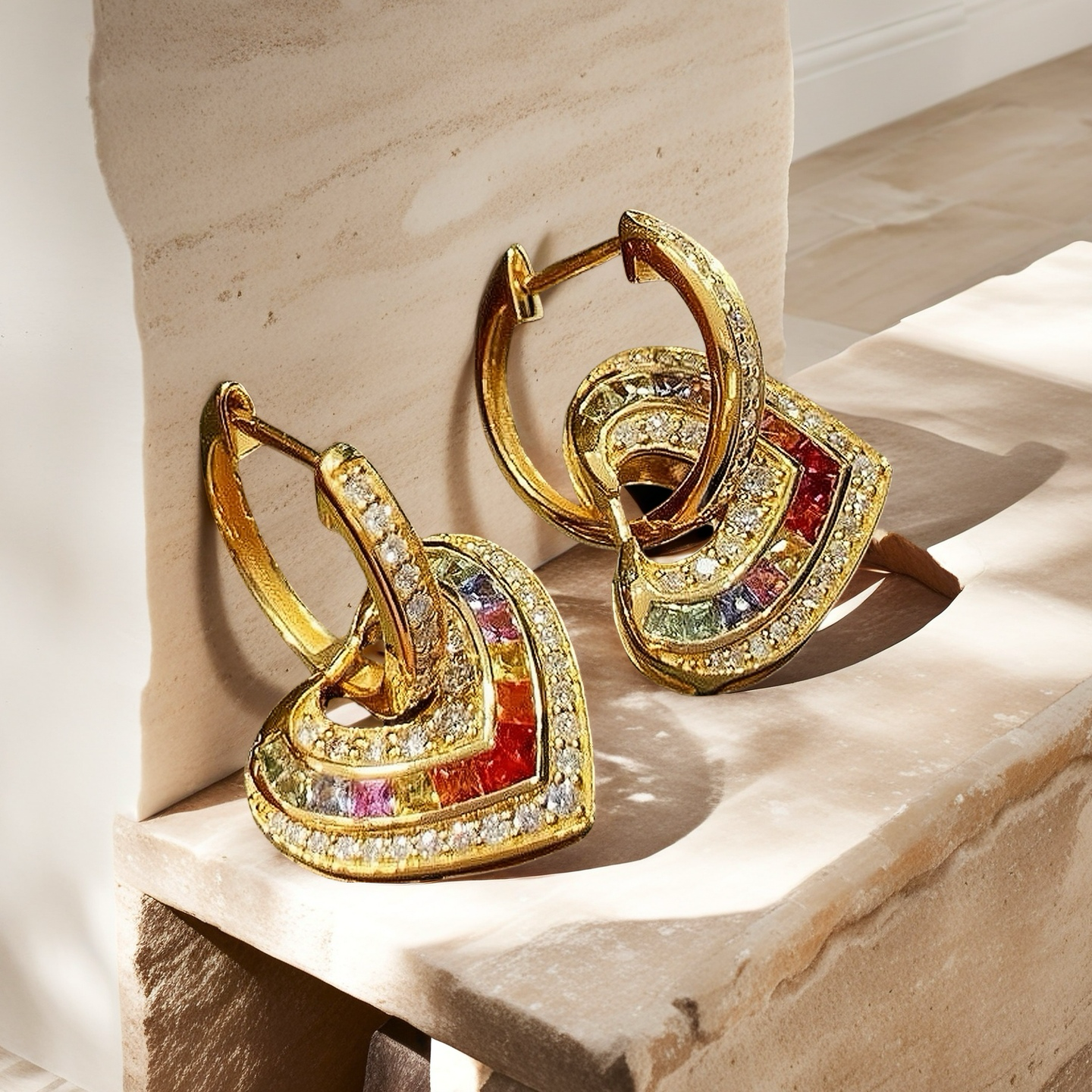 Rainbow Heart 18k Gold Diamond Sapphire Earring (Item No. VT062）