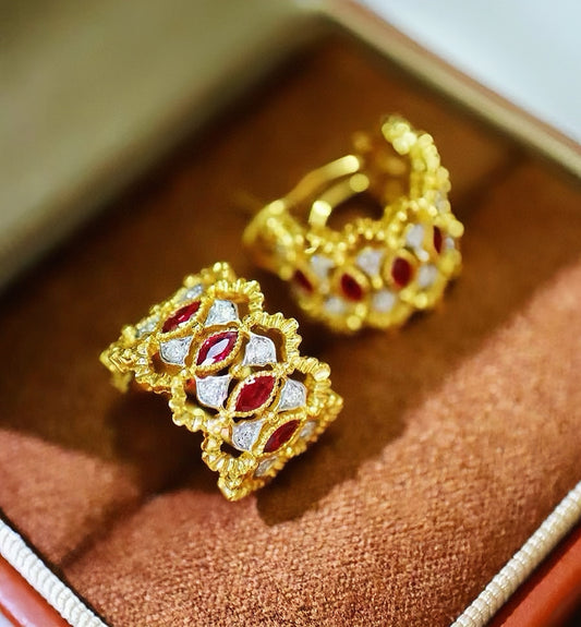 Vintage 18k Gold Diamond Ruby Earring (Item No. VT051）