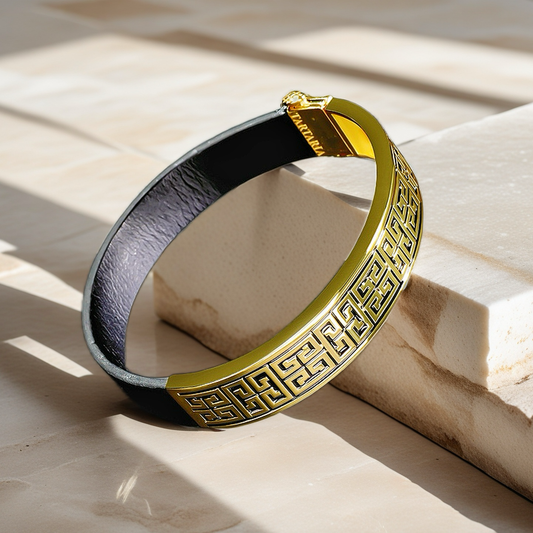 Greek Key Sterling Silver/9k/14k/18k Enamel Leather Gold Bangle(Item No. GB0008）