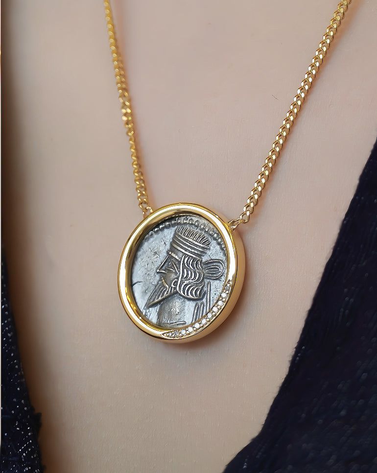 Parthian Emperor Ancient Greek Coin Medallion 18K Gold Pendant (Item No. COIN049）