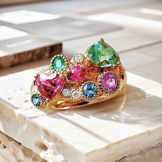 Vintage Garden 18k Gold Diamond Rainbow Gem Ring (Item No. VT037）