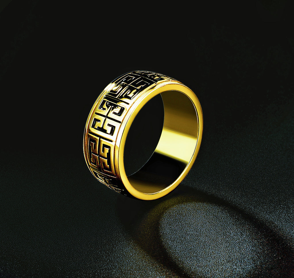 Rotatable Enamel Greek Key 9k/14k/18k Gold Ring (Item No. GR0004）