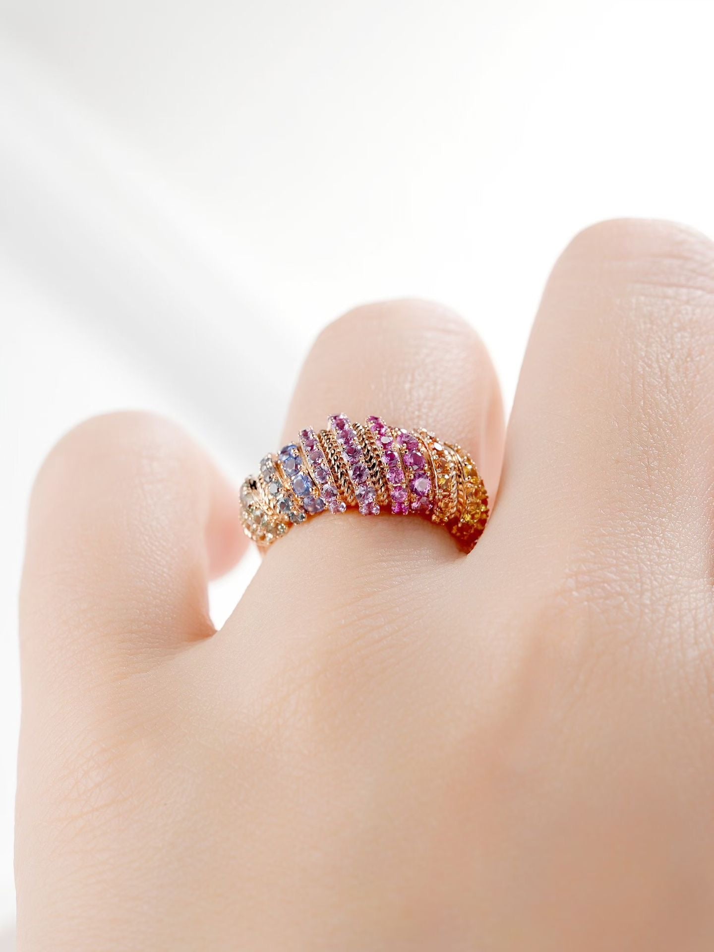 Croissant Rainbow Sapphire 18k Gold Ring (Item No. SA141）