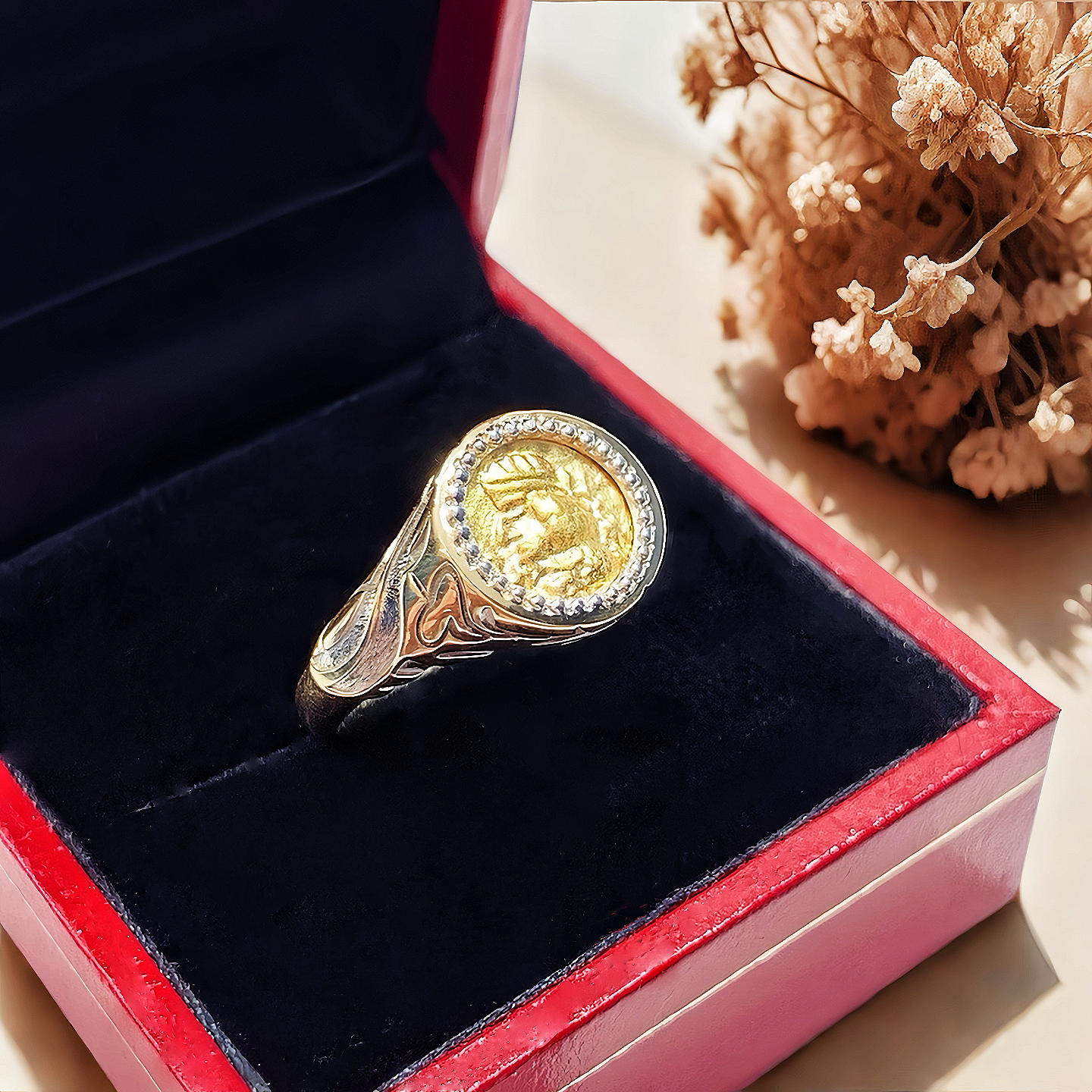 King Ancient Coin Medallion Electrum 24k Gold Ring (Item No. COIN070）