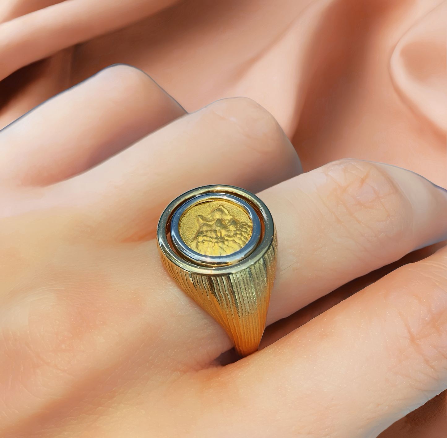 Lion Ancient Coin Medallion Electrum Gold 24k Gold Ring(Item No. COIN068）