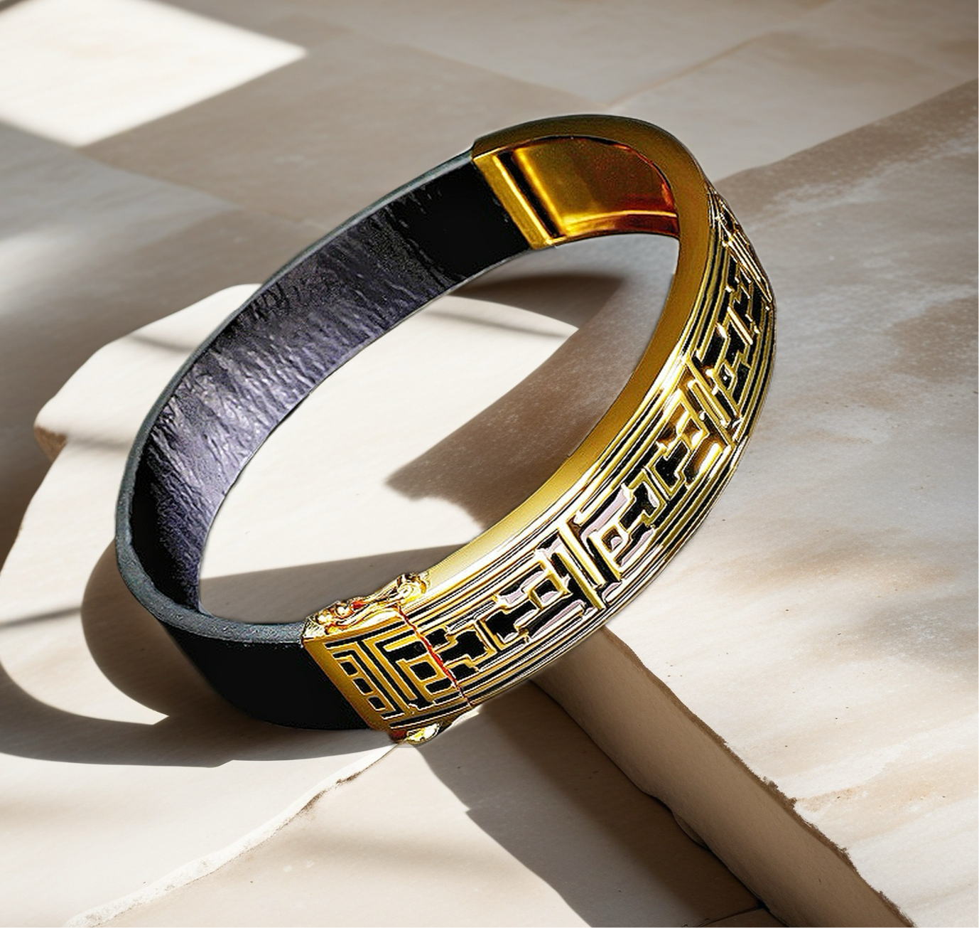 Greek Key Sterling Silver/9k/14k/18k Enamel Leather Gold Bangle(Item No. GB0006)