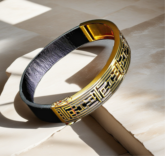 Greek Key 9k/14k/18k Enamel Leather Gold Bangle (Item No. TDBG0006)