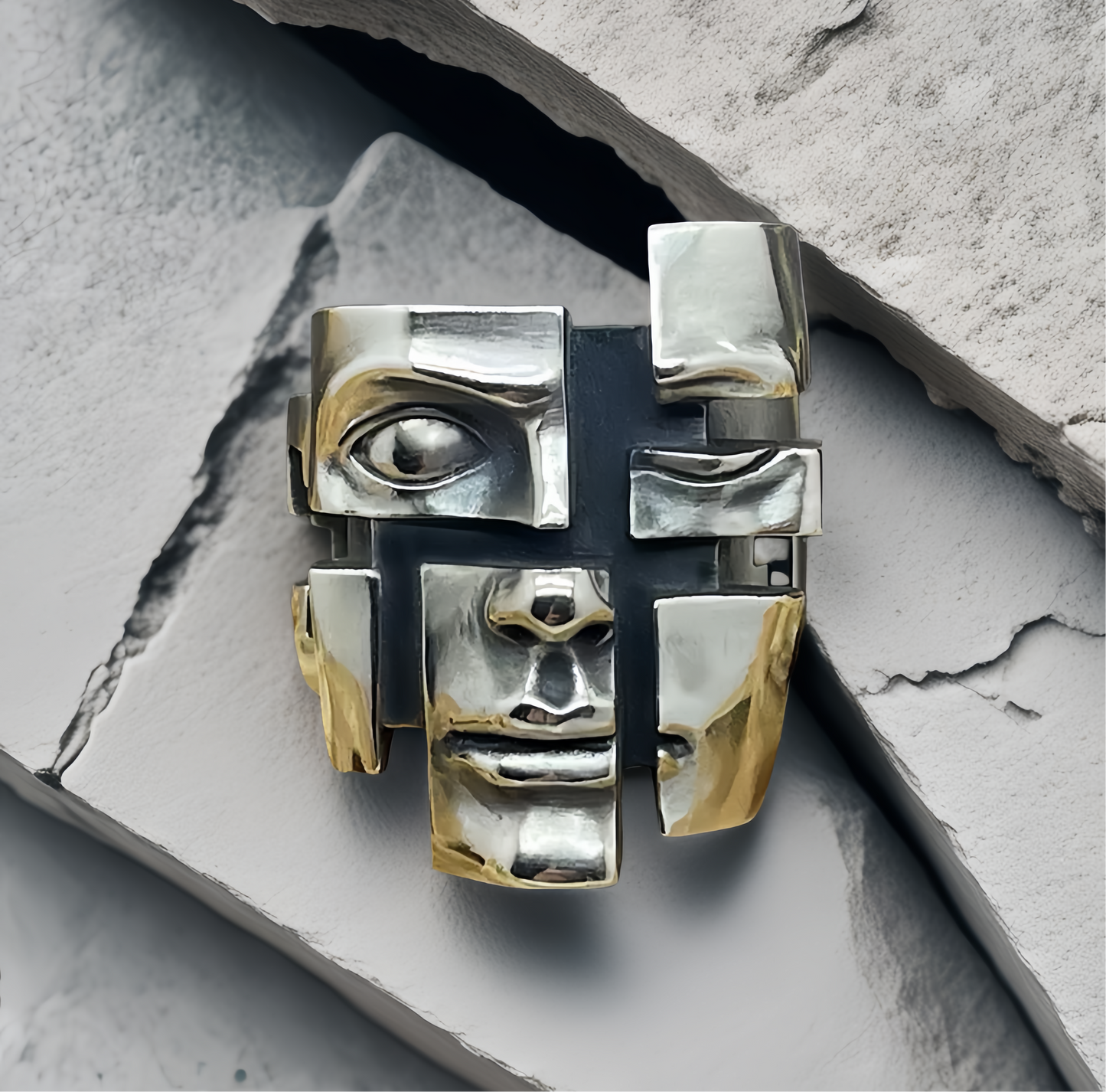 Split-Persona Mask Silver Ring (Item No. SC008)