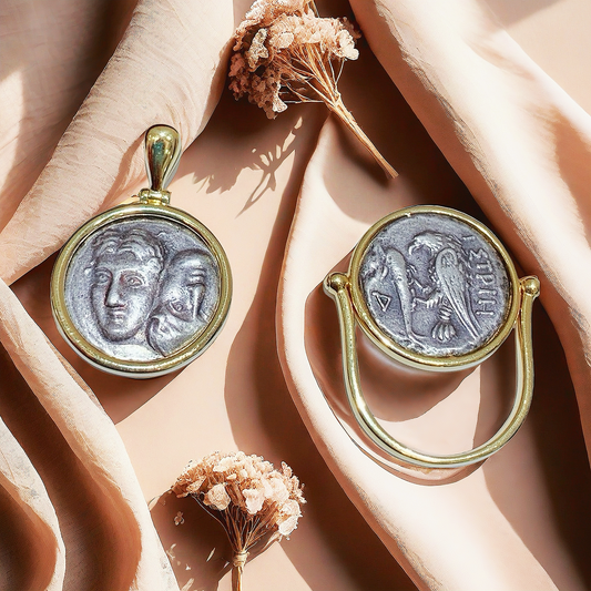 Germini Ancient Coin Medallion 18K Gold Pendant Ring Bracelet (Item No. COIN069）