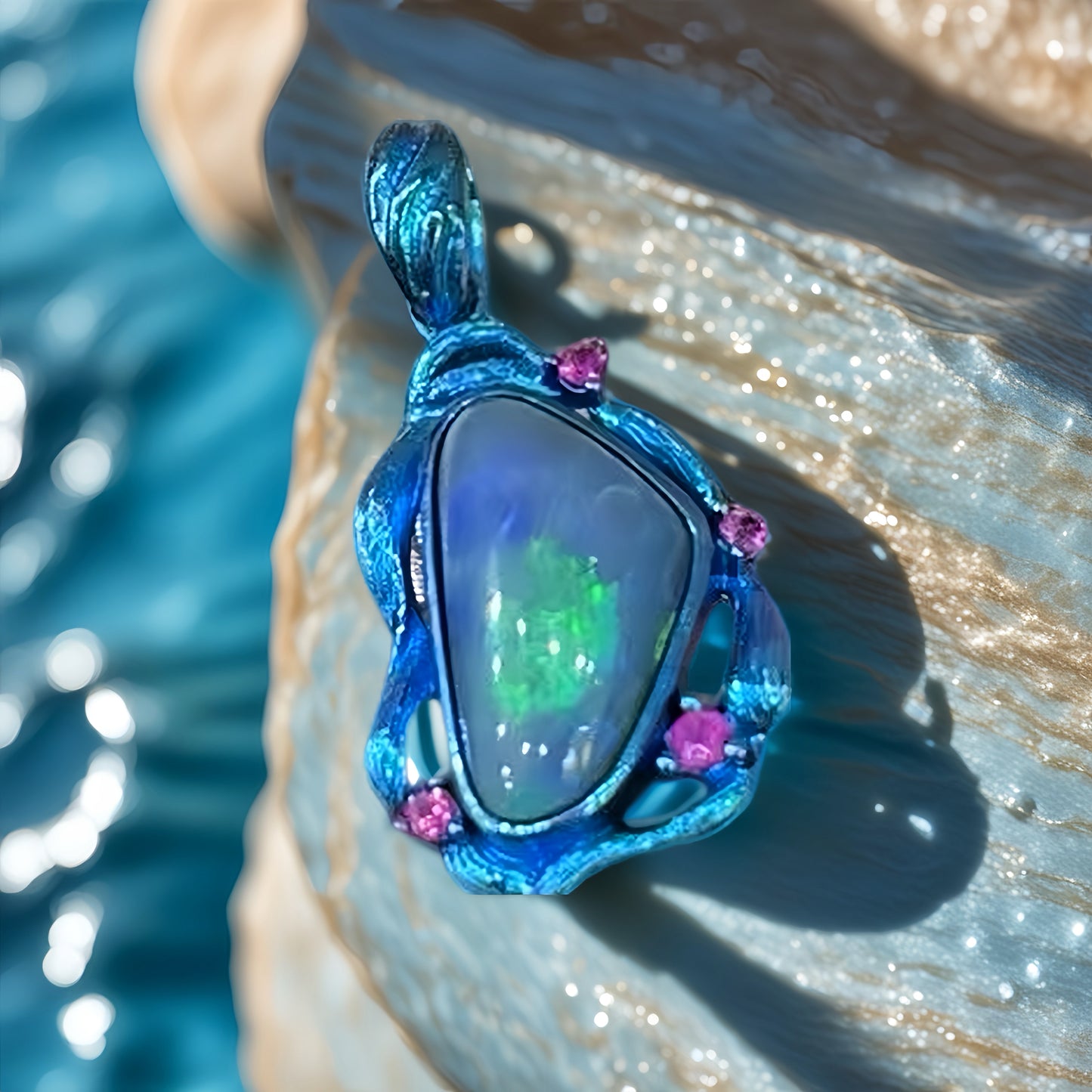 Anodized Titanium Ocean Blue Opal Pendant (Item No. TA001）