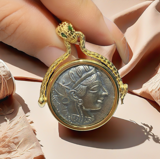 Athena Owl Ancient Greek Coin Medallion 18k Gold Pendant (Item No. COIN003）