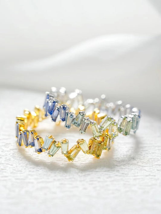 T Square Cut Rainbow Sapphire 18k Gold Ring (Item No. SA018）