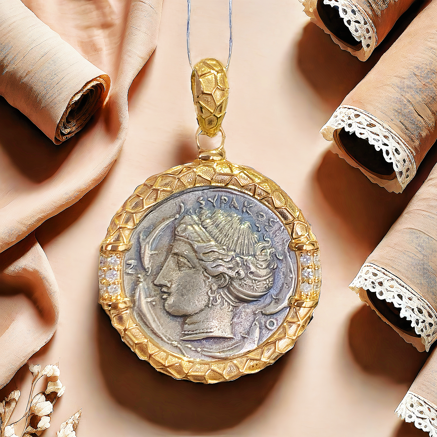 Arethusa Ancient Greek Coin Medallion 18K Gold Pendant (Item No. COIN097）