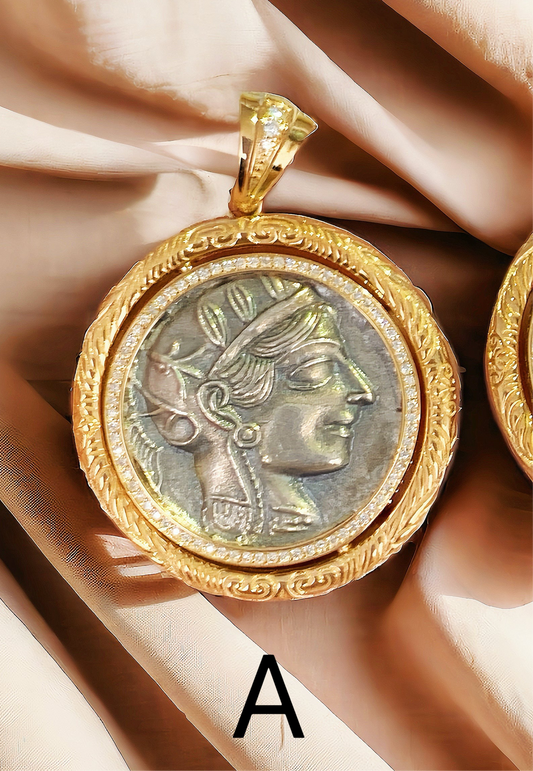 Athena Owl Ancient Greek Coin Medallion 18k Gold Pendant  (Item No. COIN006）