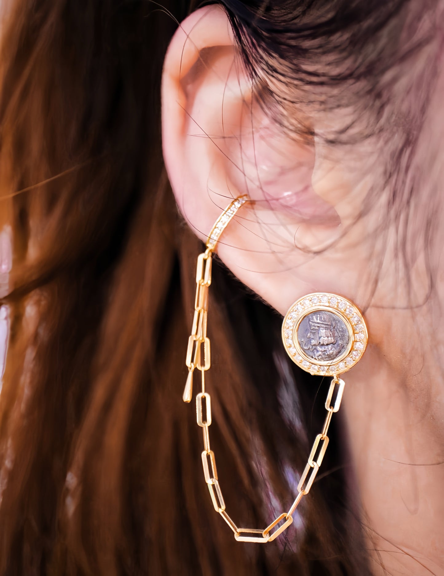 Parthian Emperor Ancient Coin Medallion 18K Gold Earring (Item No. COIN057）