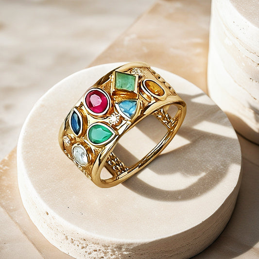 Vintage 18k Gold Seven Gem Ring (Item No. VT038）