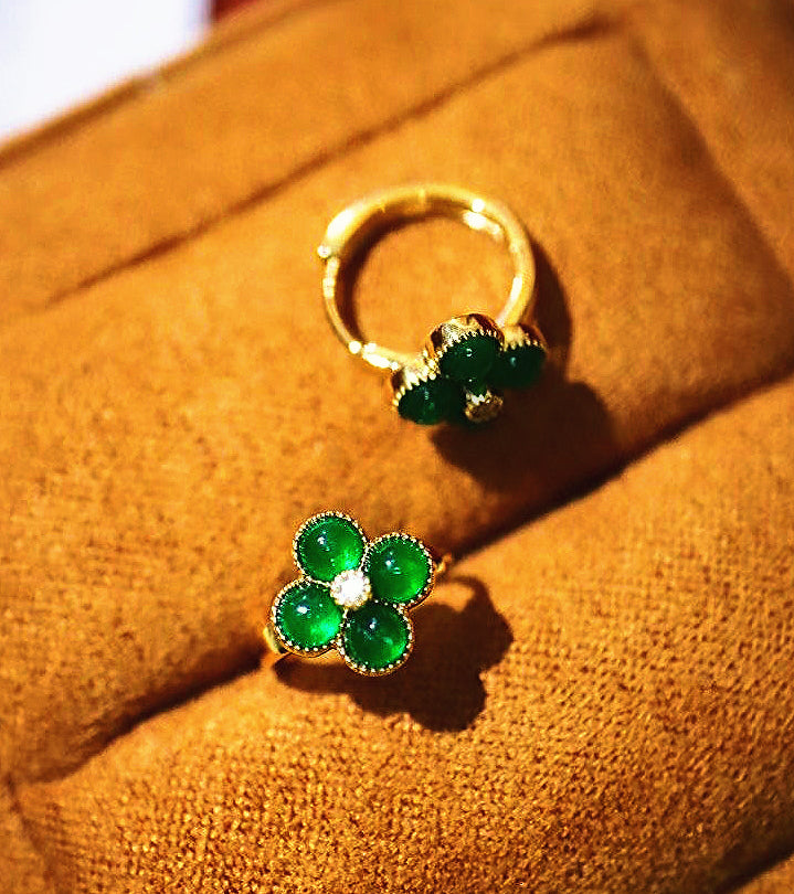 Four-leaf Clover 18k Gold Diamond Emerald Earring (Item No. VT060）