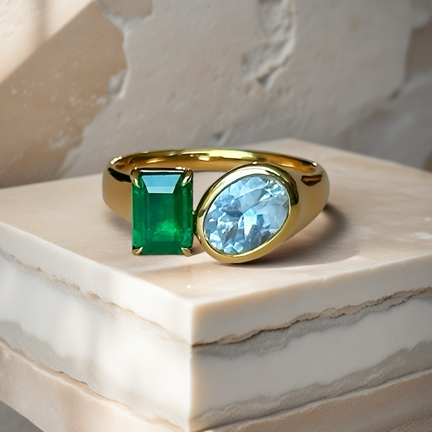 Toi et Moi 18k Gold Sahpire Emerald Ring (Item No. VT039）
