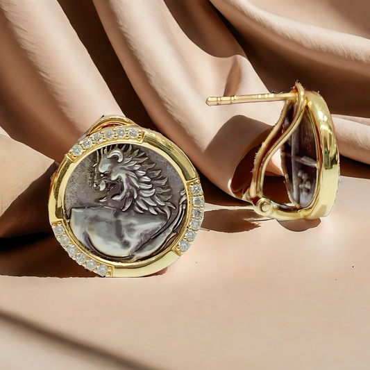 Lion Ancient Greek Coin Medallion 18K Gold Diamond Earring (Item No. COIN047）