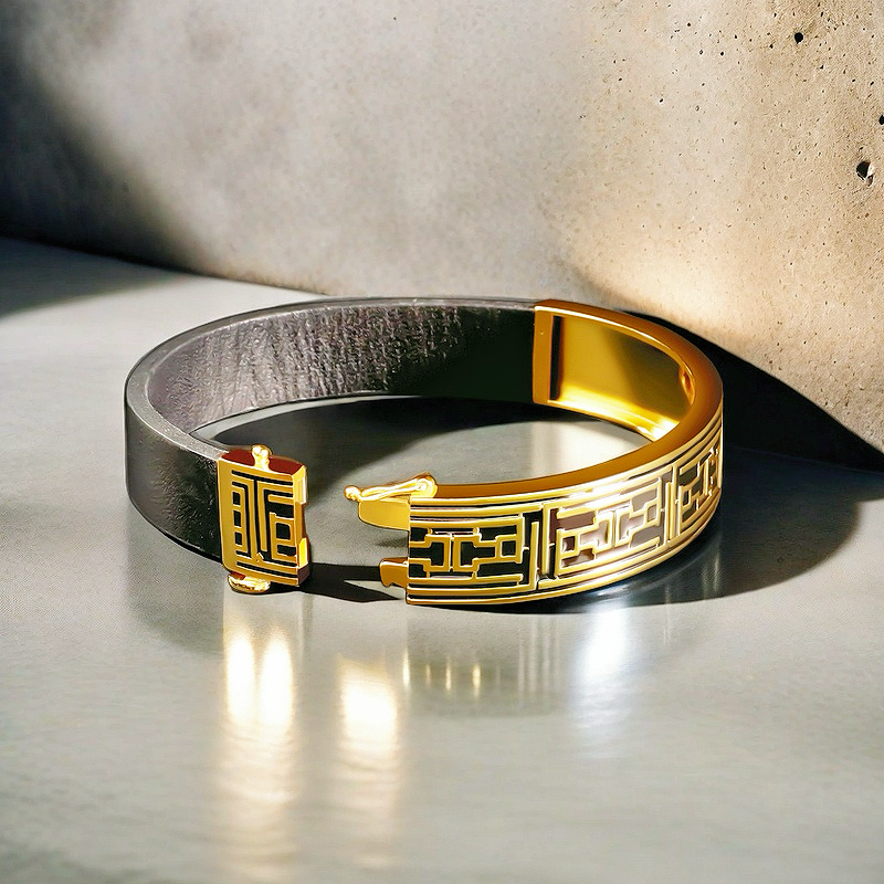 Greek Key Sterling Silver/9k/14k/18k Enamel Leather Gold Bangle(Item No. GB0006)