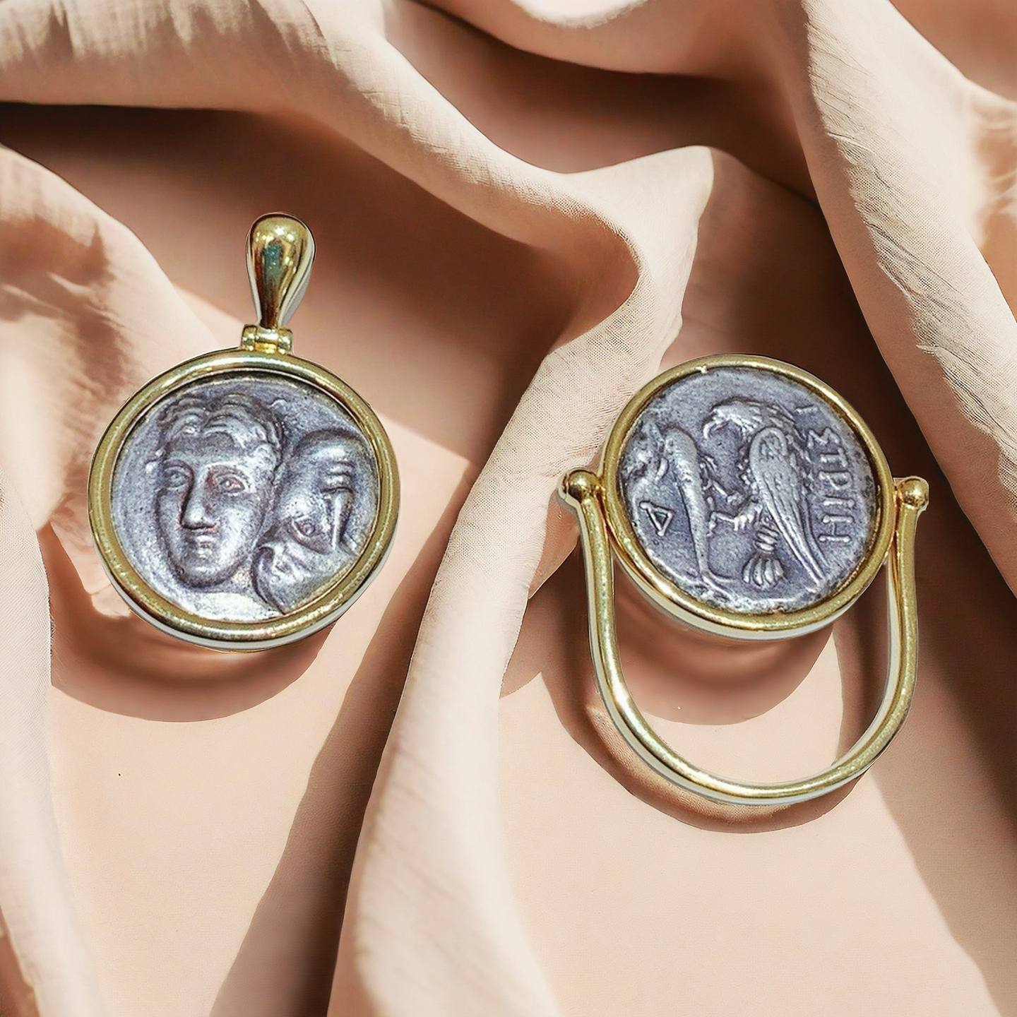 Germini Ancient Coin Medallion 18K Gold Pendant Ring Bracelet (Item No. COIN069）