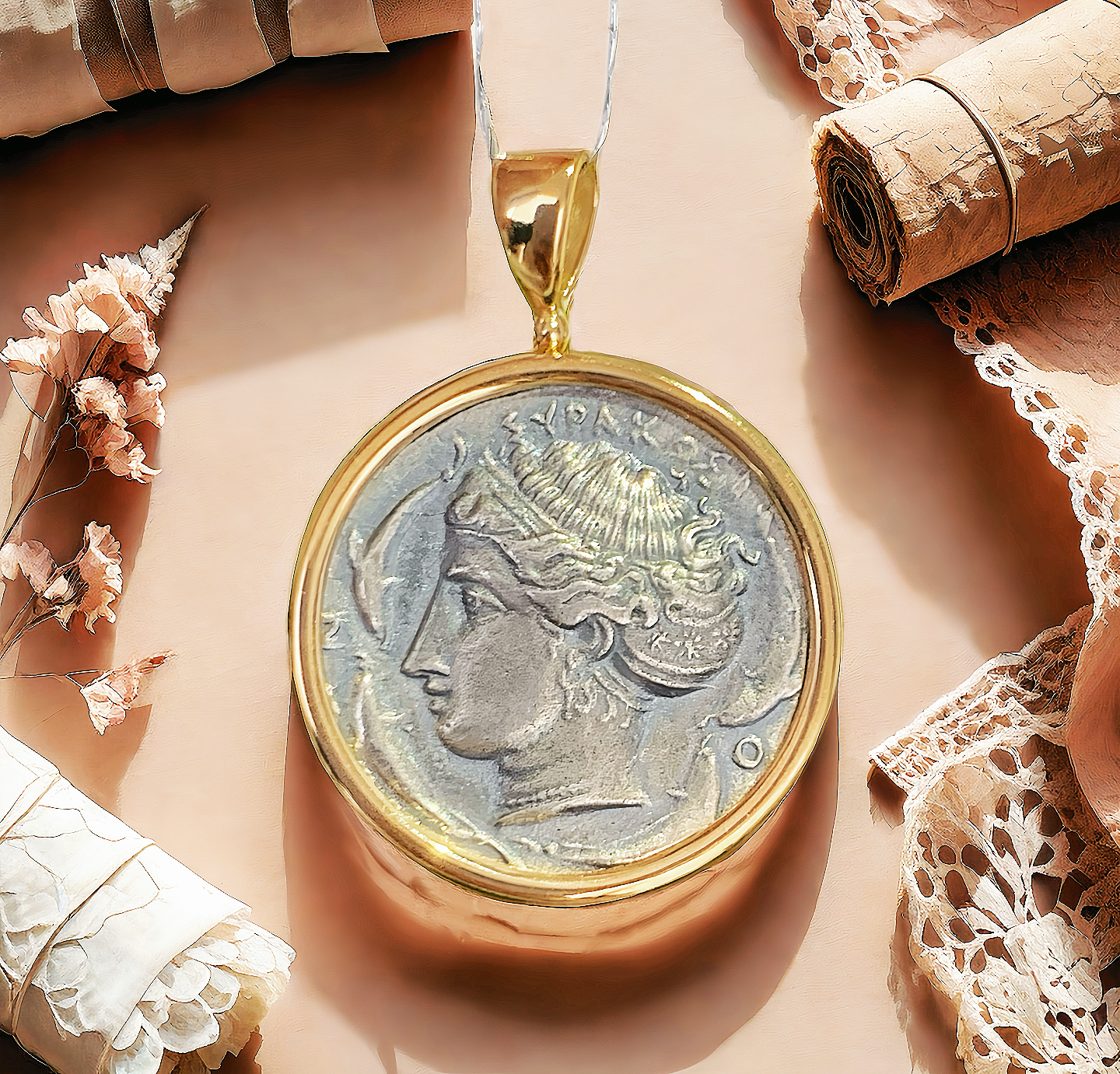 Arethusa Ancient Greek Coin Medallion 18K Gold Pendant (Item No. COIN051）