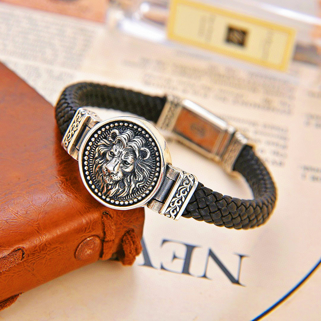 Lion Silver Leather Bracelet (Item No. B0628）