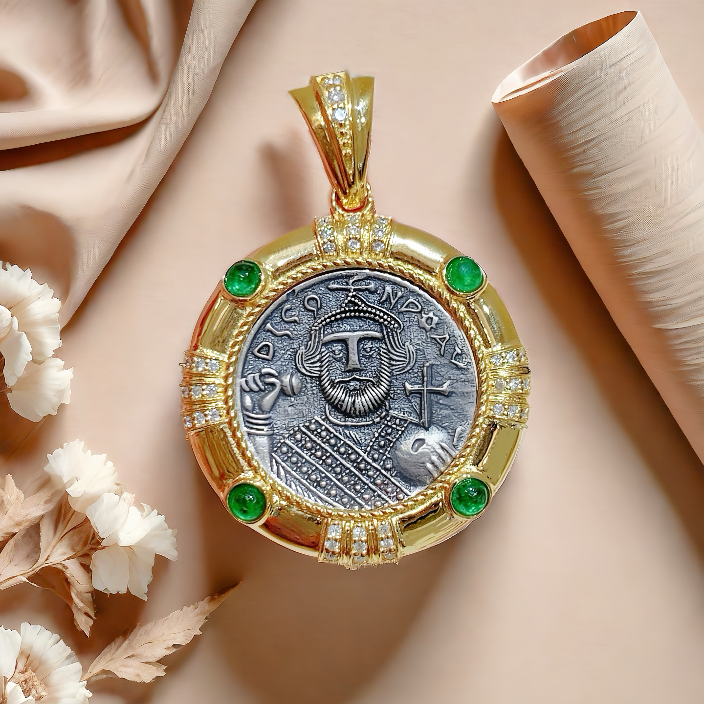 Byzantine Emperor Ancient Greek Coin Medallion 18K Gold Pendant (Item No. COIN062）