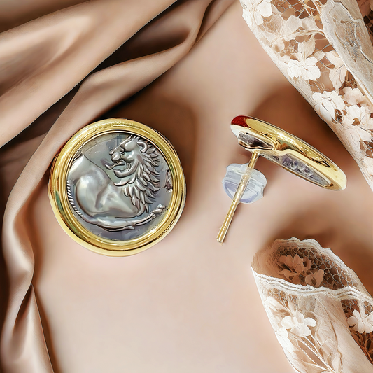 Lion Ancient Greek Coin Medallion 18K Gold Earring (Item No. COIN045）