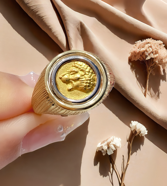 Lion Ancient Coin Medallion Electrum Gold 24k Gold Ring(Item No. COIN068）