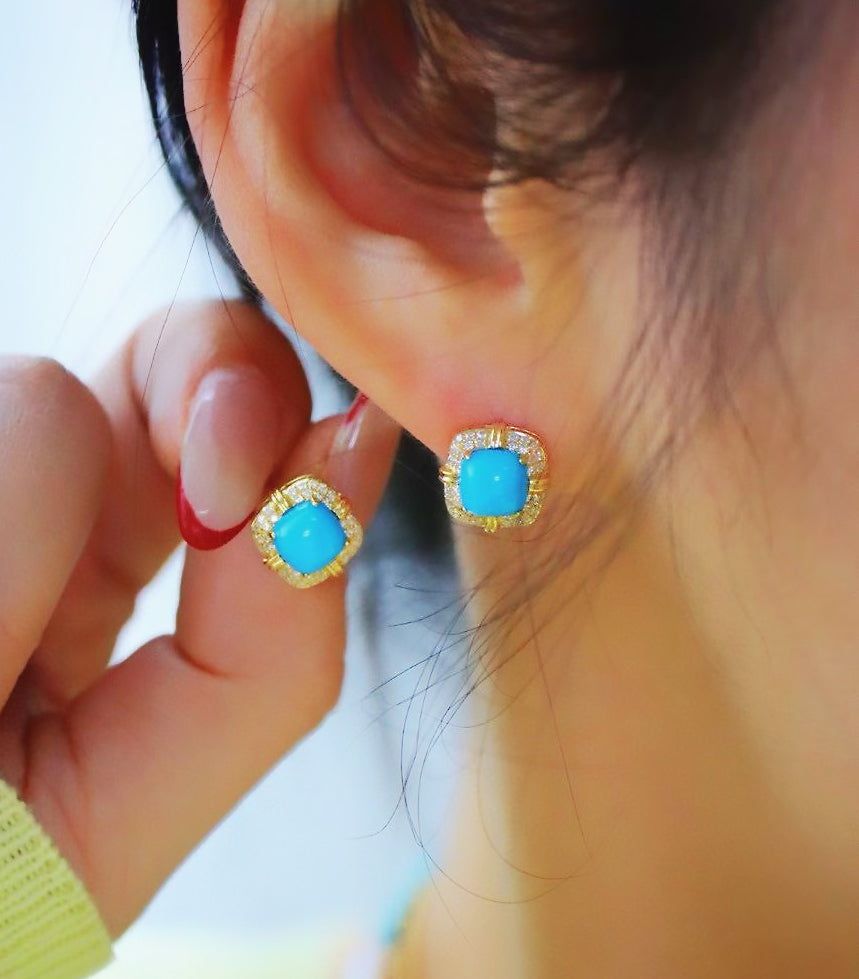 Vintage Turquoise 18k Gold Diamond Earring (Item No. VT053）