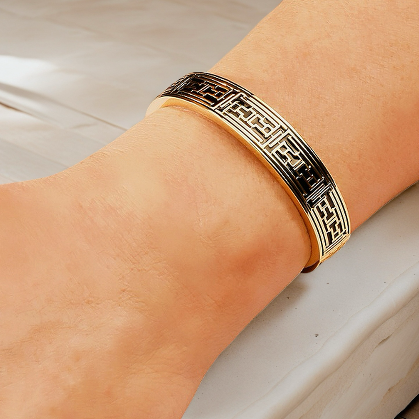 Greek Key Sterling Silver/9k/14k/18k Enamel Leather Gold Bangle(Item No. GB0006)