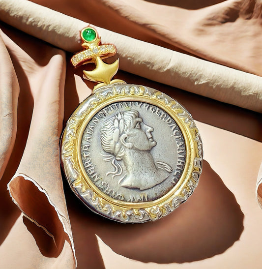 Emperor Trajan& Fortuna Ancient Greek Coin Medallion 18K Gold Pendant (Item No. COIN041）