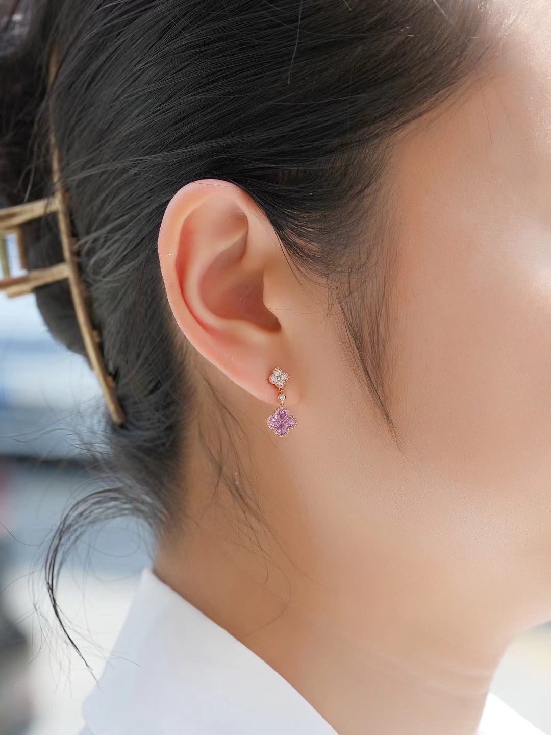 Four Leaf Clover Rainbow Sapphire 18K Gold Earring (Item No. SA015）