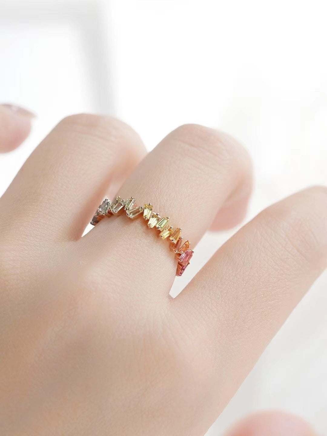 T Square Cut Rainbow Sapphire 18k Gold Ring (Item No. SA025）