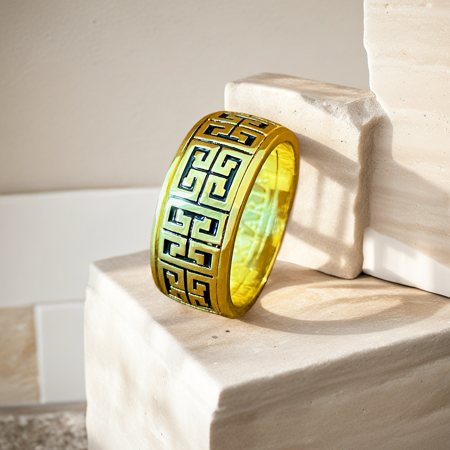Rotatable Enamel Greek Key Sterling Silver/9k/14k/18k Gold Ring (Item No. GR0004）