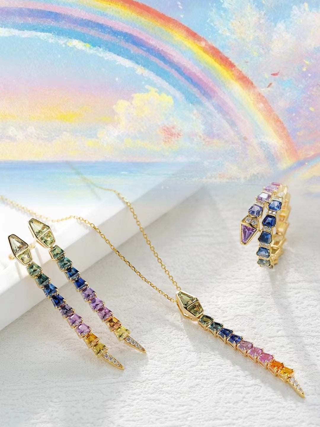 Snake Rainbow Sapphire 18k Gold Ring (Item No. SA010）