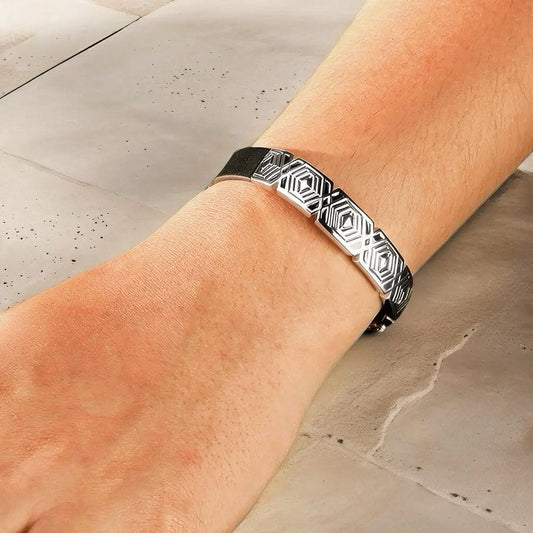 Greek Key Silver Enamel Leather Bangle (Item No. TDBS0007）