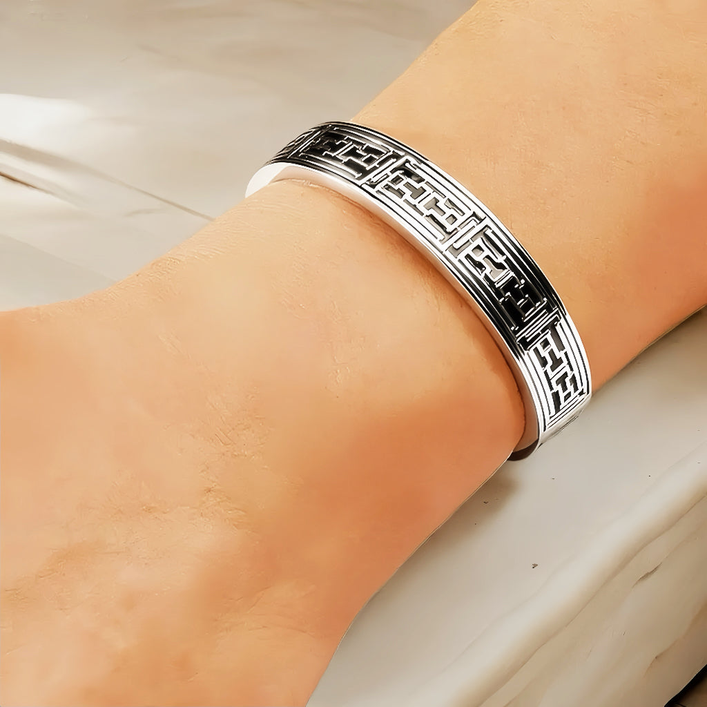 Greek Key Silver Enamel Leather Bangle (Item No. TDBS0006)