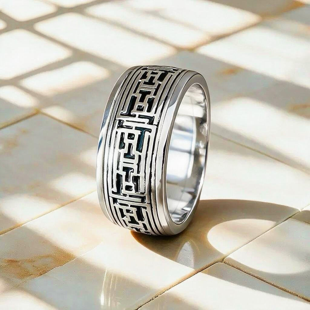 Enamel Greek Key Silver Ring (Item No. TDRS0003）