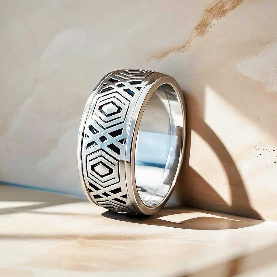 Enamel Greek Key Silver Ring (Item No. TDRS0001）