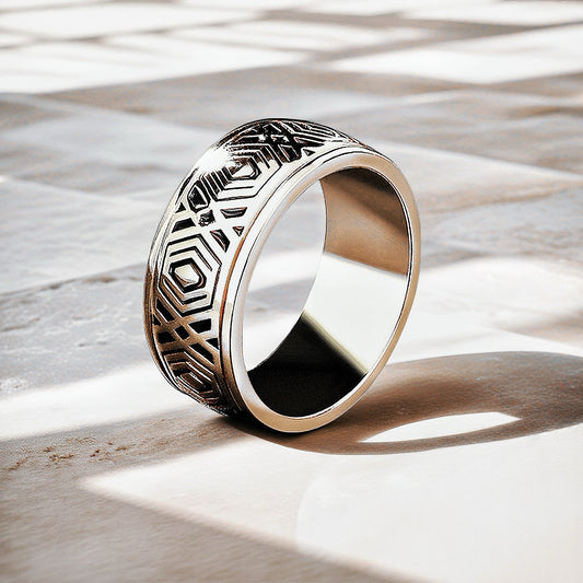 Rotatable Enamel Greek Key Silver Ring (Item No. TDRS0001）