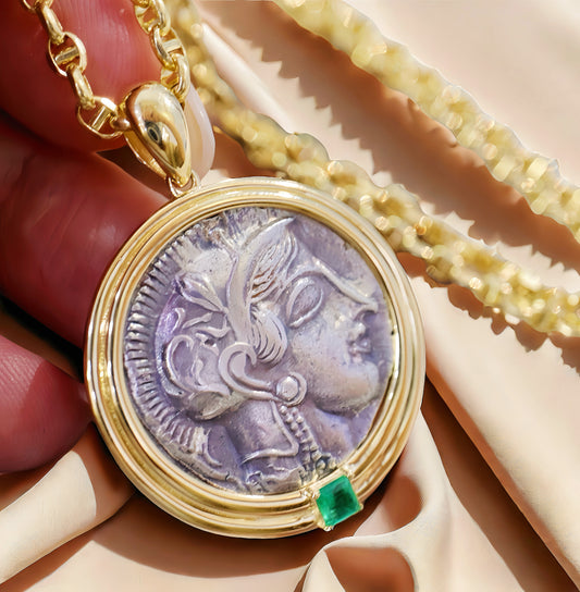 Athena Owl Ancient Greek Coin Medallion 18k Gold Pendant (Item No. COIN001)