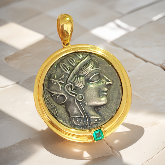 Athena Owl Ancient Greek Coin Medallion 18k Gold Pendant  (Item No. COIN004）