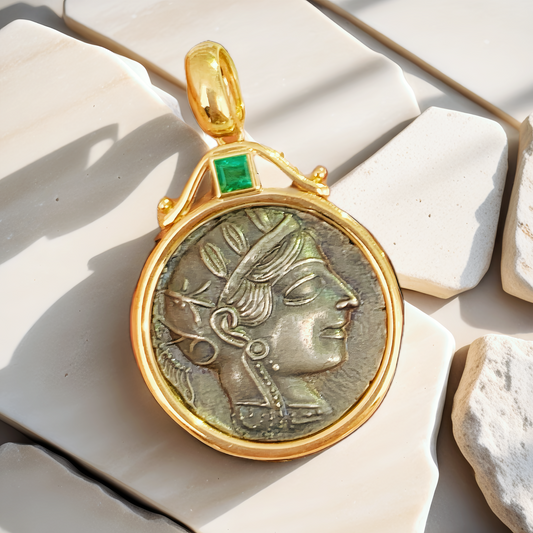 Athena Owl Ancient Greek Coin Medallion 18k Gold Pendant  (Item No. COIN004）